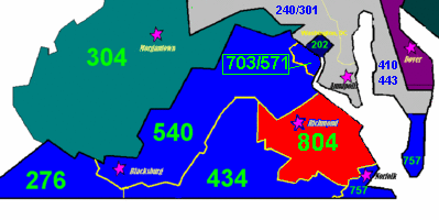 La zone colorée en rouge indique la région géographique de Virginie desservie par l'indicatif régional 804