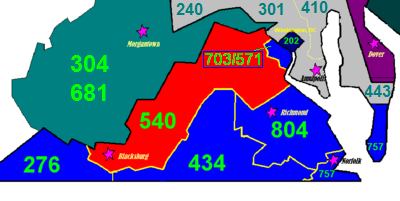 La zone colorée en rouge indique la région nord de la Virginie desservie par l'indicatif régional 540