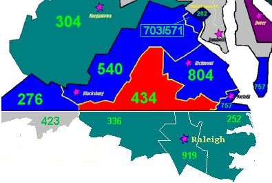 La zone colorée en rouge indique la région géographique de Virginie desservie par l'indicatif régional 434
