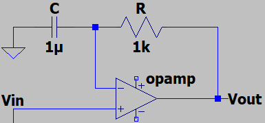 Circuit avec un temps de retard de groupe négatif de '"`UNIQ--postMath-00000030-QINU`"' = −RC = −1 ms pour des fréquences bien inférieures à 1⁄RC = 1 kHz.