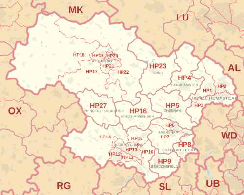 Carte des zones de codes postaux HP, indiquant les districts postaux, les villes postales et les zones de codes postaux voisines.