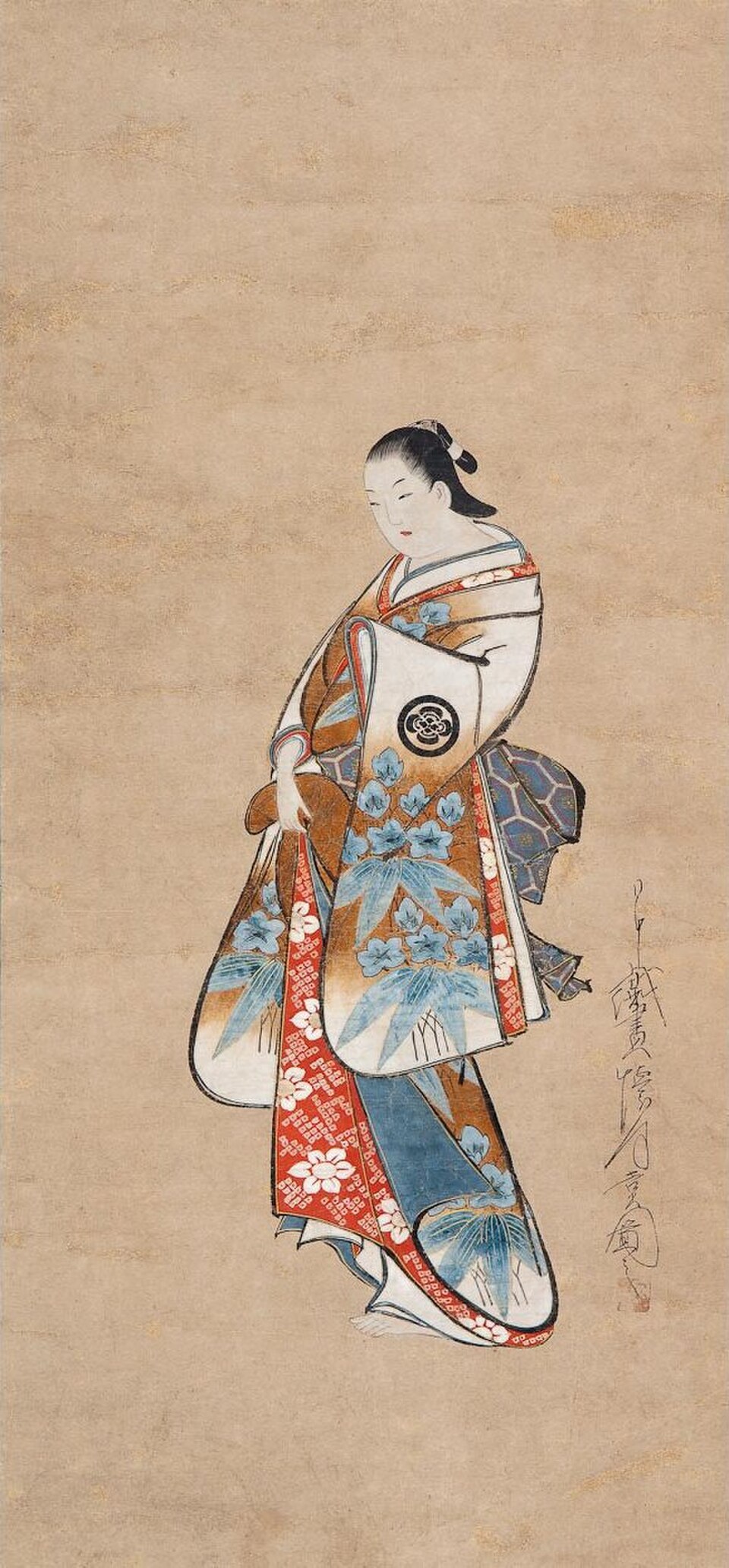 Portrait debout d'une courtisane. Peinture à l'encre et aux couleurs sur soie, Kaigetsudō Ando, ​​vers 1705-1710.