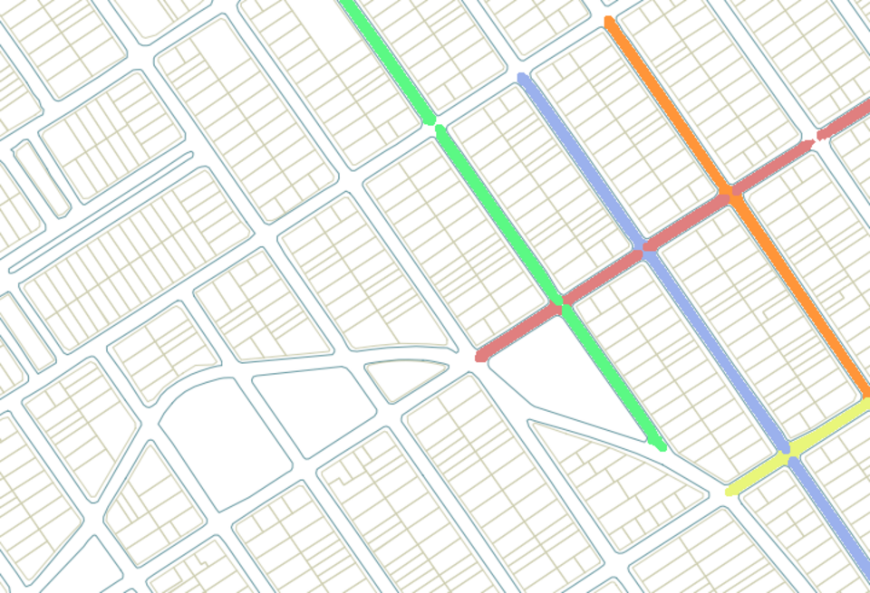 Des îlots urbains entourés de rues, certaines rues ayant un code postal à huit chiffres différent (suffixes de 001 à 899)