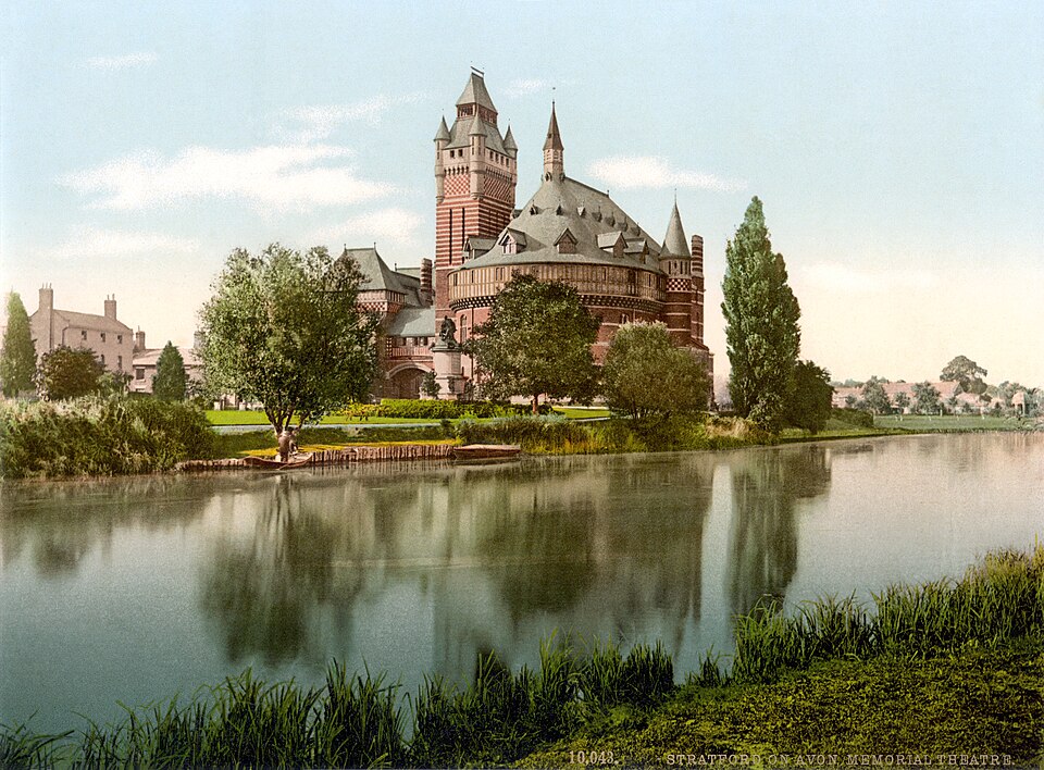 Photochromie de l'ancien Shakespeare Memorial Theatre, Stratford-upon-Avon, Angleterre, vers 1890-1900