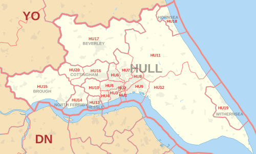 Carte des zones de codes postaux HU, montrant les districts postaux, les villes postales et les zones de codes postaux voisines.