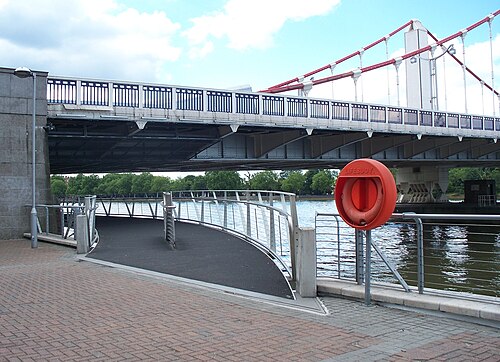 Début d'une passerelle piétonne qui passe sous l'une des extrémités d'un pont suspendu, le long de la rive d'une large rivière.