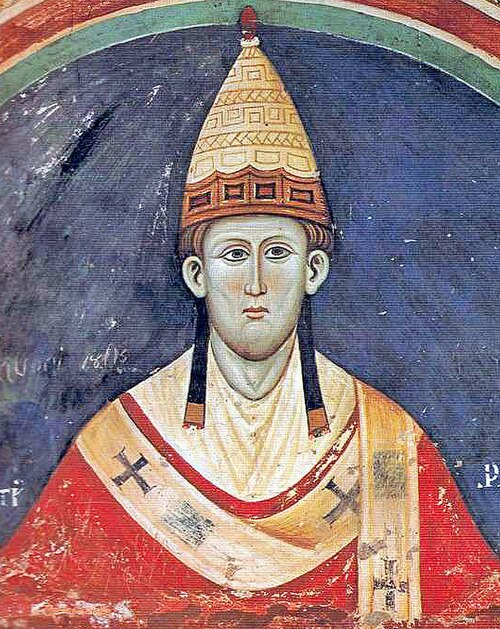 Les papes catholiques romains portent du rouge comme symbole du sang du Christ. Il s'agit du pape Innocent III, vers 1219.