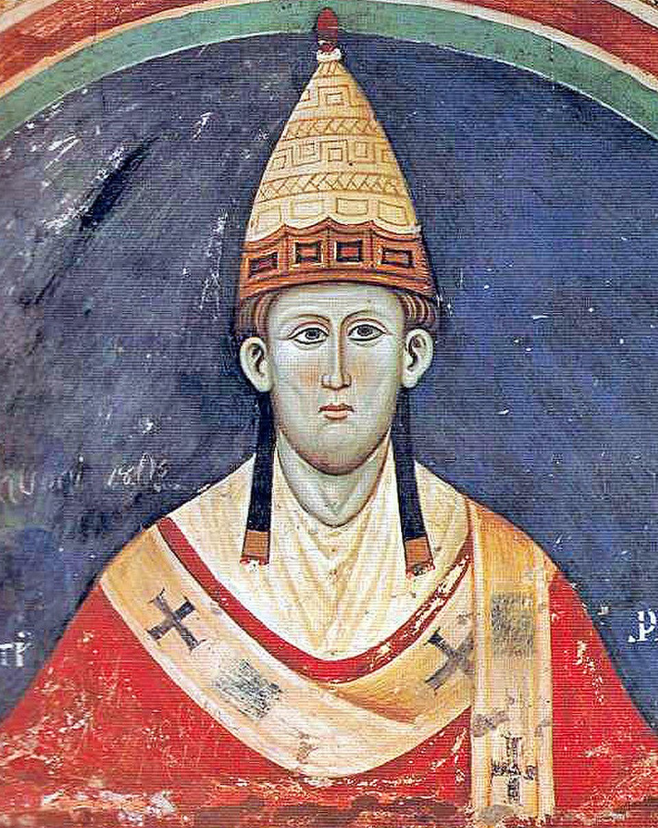 Les papes catholiques romains portent du rouge, symbole du sang du Christ. Ici, il s'agit du pape Innocent III, vers 1219.