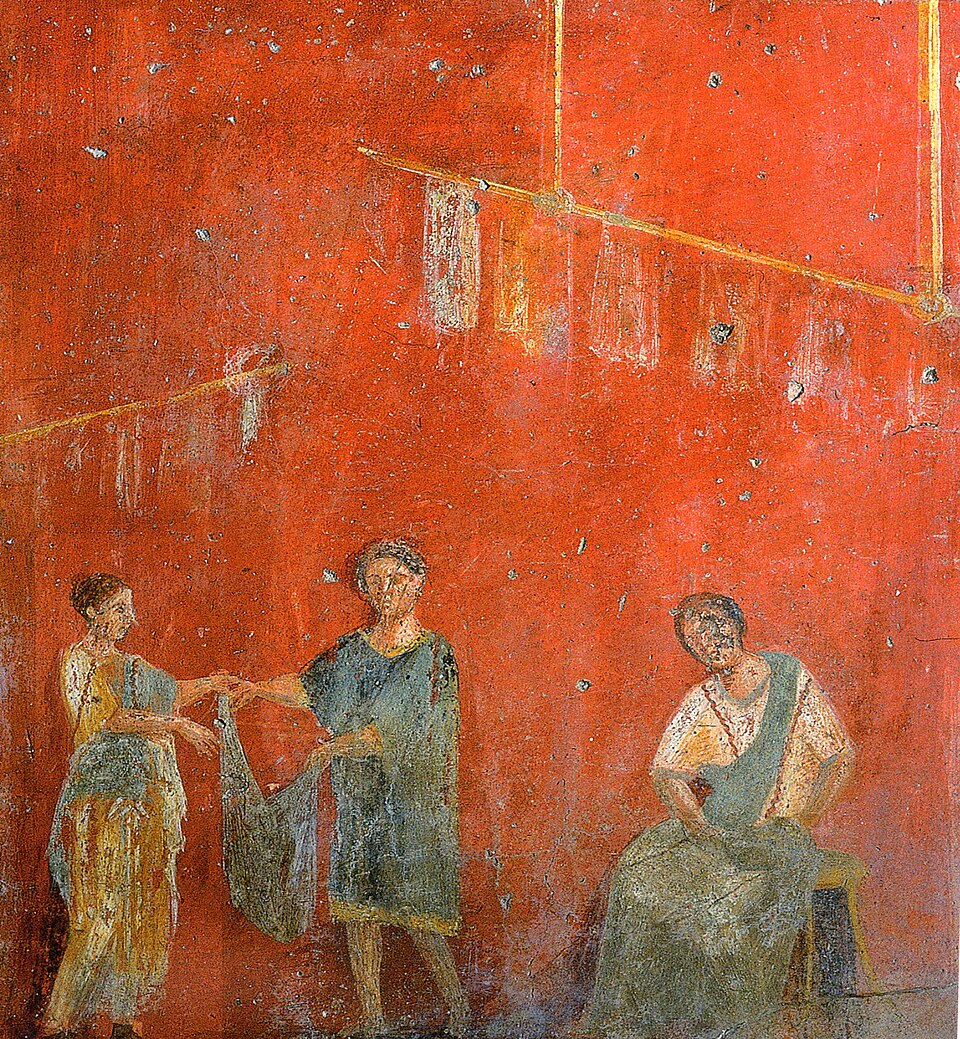 Peinture murale romaine représentant une teinturerie, Pompéi (40 av. J.-C.)