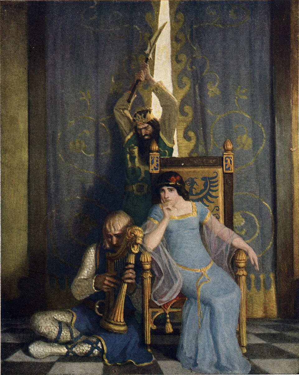 Illustration de Marc se préparant à tuer Tristan avec une épée