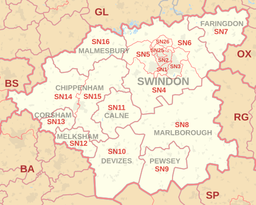 Carte des zones de codes postaux SN, indiquant les districts postaux, les villes postales et les zones de codes postaux voisines.