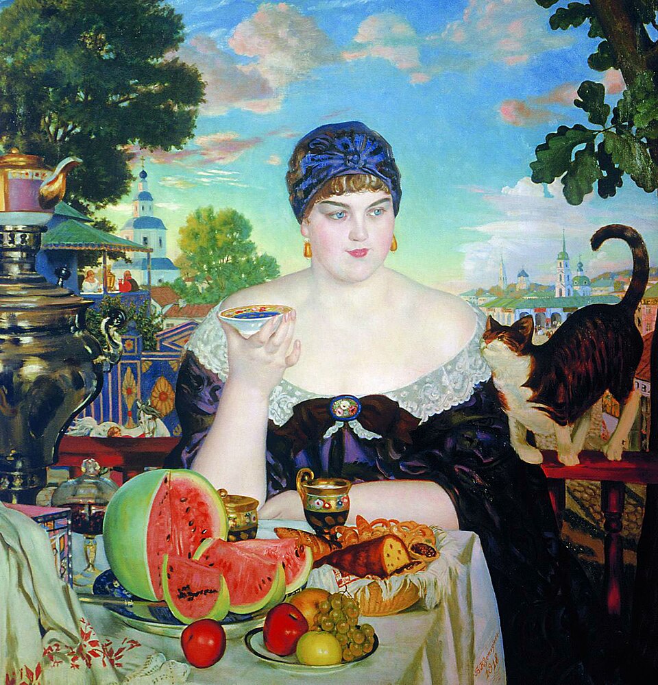 Pastèque et autres fruits dans La Femme du marchand de Boris Kustodiev