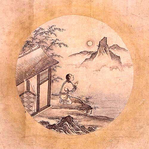 7. Le taureau transcendé À califourchon sur le bœuf, j'arrive à la maison. Je suis serein. Le bœuf aussi peut se reposer. L'aube est venue. Dans un repos bienheureux, dans ma demeure au toit de chaume, j'ai abandonné le fouet et les cordes.[web 8]