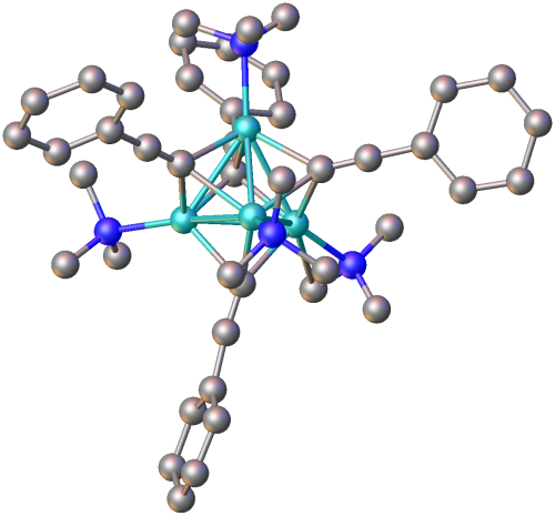 Structure du cluster formé à partir du complexe PhC2Li complexé au N,N,N′,N′-tétraméthyl-1,6-diaminohexane (groupes méthylène omis pour plus de clarté). Légende des couleurs : turquoise = Li, bleu = N.[9]