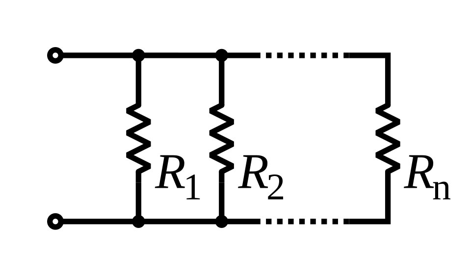 Schéma de circuit de plusieurs résistances, étiquetées R1, R2… Rn, côte à côte, les deux bornes de chaque résistance connectées aux mêmes fils.