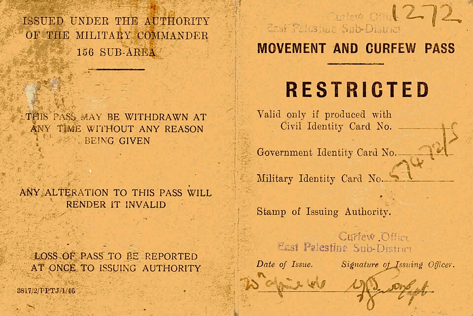 Laissez-passer de circulation et de couvre-feu, délivré sous l'autorité du commandant militaire britannique, Palestine orientale, 1946