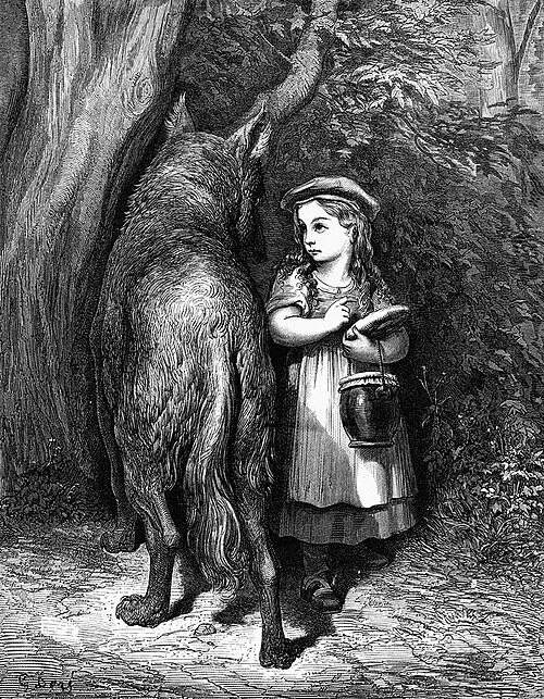 Une illustration du Petit Chaperon Rouge rencontrant le loup