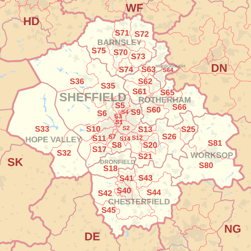Carte des zones de code postal S, montrant les districts postaux, les villes et les zones de code postal voisines.