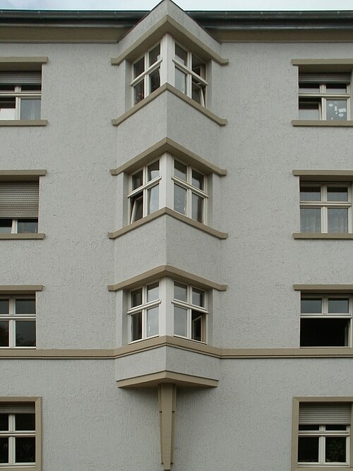 Oriels triangulaires dans la Hellwigstrasse, Sarrebruck, Allemagne, 1927