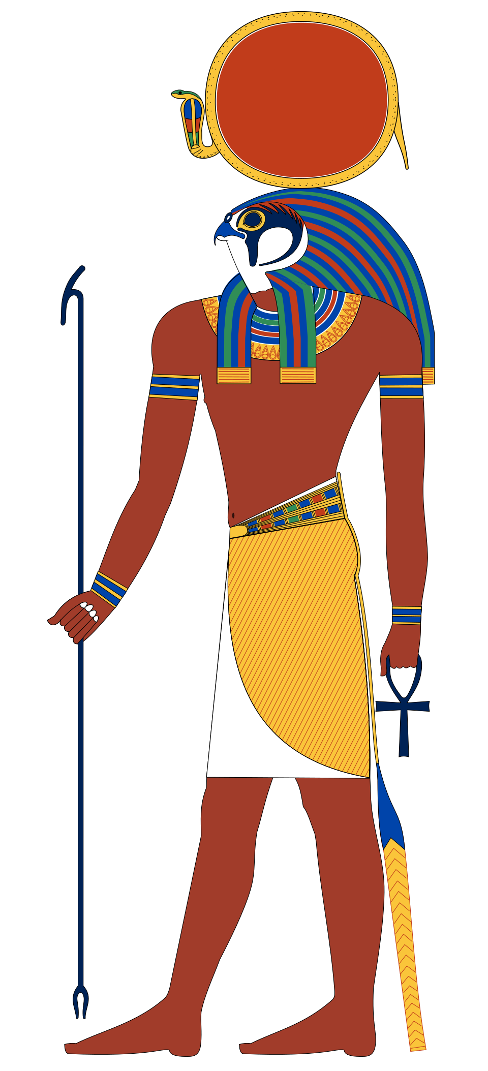 Râ-Horakhty était représenté comme Horus, mais portant un disque solaire au lieu d'un pschent ; dans les temps modernes et anciens, Râ proprement dit est souvent représenté simplement comme cela.