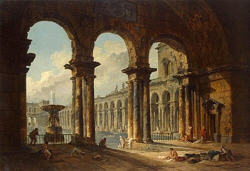 Ruines antiques utilisées comme bains publics par Hubert Robert (1798)