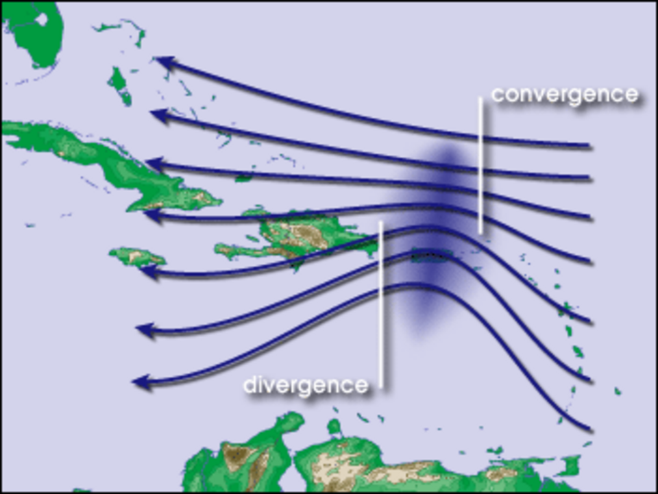 Carte des Caraïbes montrant sept flèches approximativement parallèles pointant vers l'ouest, s'étendant de l'est des îles Vierges à Cuba. Les flèches méridionales bifurquent vers le nord juste à l'est de la République dominicaine avant de reprendre leur direction initiale.