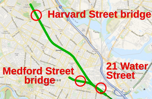 Une carte du corridor GLX avec le pont de Medford Street, le pont de Harvard Street et le 21 Water Street entourés