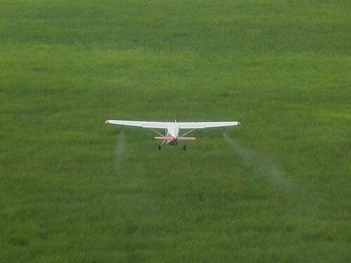 Un Cessna de l'Organisation internationale de lutte contre le criquet nomade pulvérise des criquets nomade dans le parc national d'Iku Katavi, en Tanzanie, en 2009