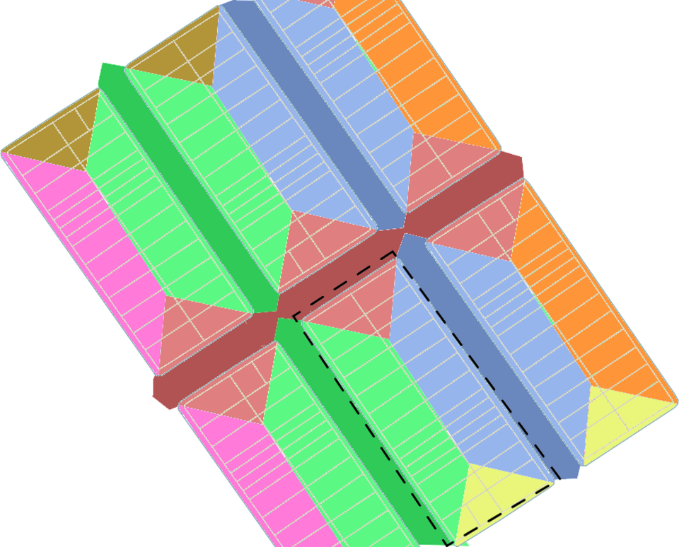 Vues d'un îlot urbain et de son prolongement entre les îlots. Les polygones de même couleur correspondent aux mêmes codes postaux.