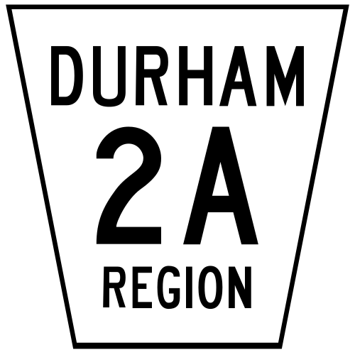 Les routes départementales et régionales de l'Ontario sont décorées selon ce motif de base en forme de « pot de fleurs ». Ce panneau représente la route régionale 2A de Durham.