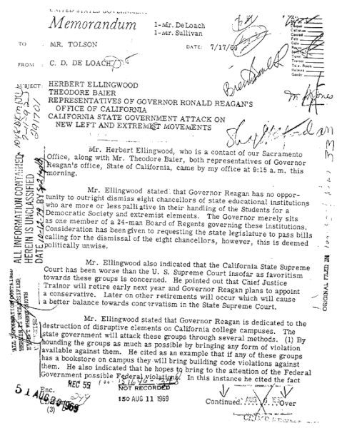 Note du FBI de 1969 concernant la purge de l'Université de Californie à Berkeley par Ronald Reagan, p. 1.