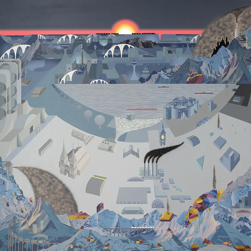Exemple de tableau combinant différentes perspectives : La Ville gelée (Musée d’art d’Aarau, Suisse) de Matthias AK Zimmermann