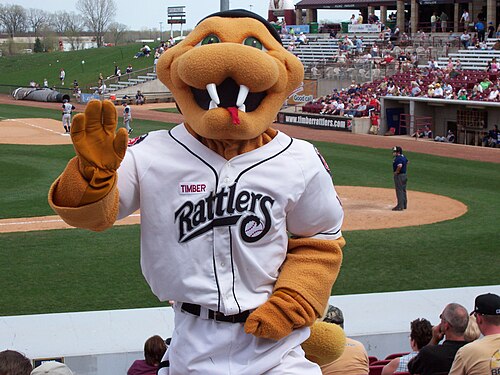 A person wearing a golden yellow anthropomorphized snake costume dressed in a white baseball jersey and pants waving during a baseball game