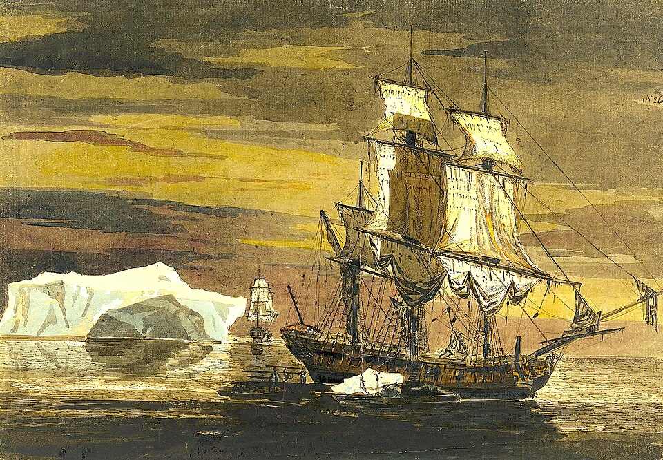 Deux grands navires en bois au repos dans l'océan, à côté d'icebergs.