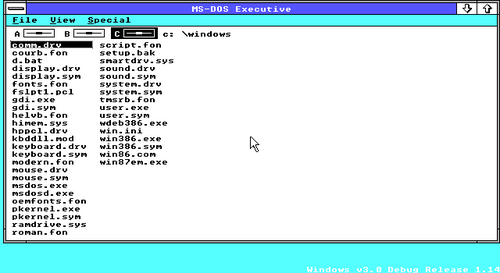 Bureau, avec MS-DOS, de Windows 3.0 build 14, la première version interne disponible.