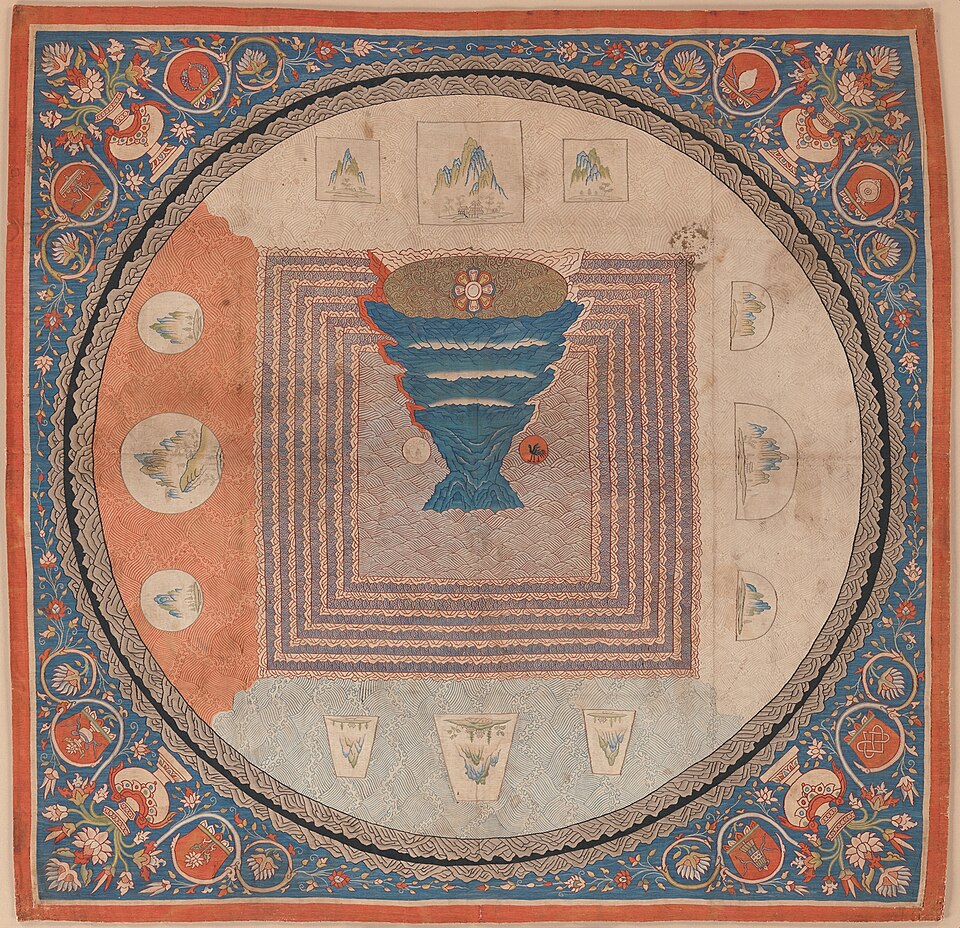 Mandala cosmologique avec le mont Meru, tapisserie de soie, Chine, via le Metropolitan Museum of Art