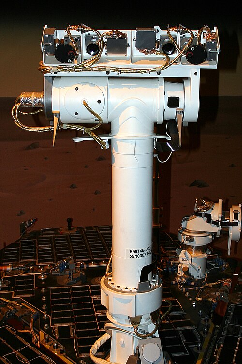 Mât du Mars Exploration Rover avec deux Pancams (sur ses côtés) et deux navcams