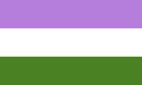 Drapeau de la fierté genderqueer, composé de trois bandes horizontales, qui sont, de haut en bas, violettes, blanches et vertes.