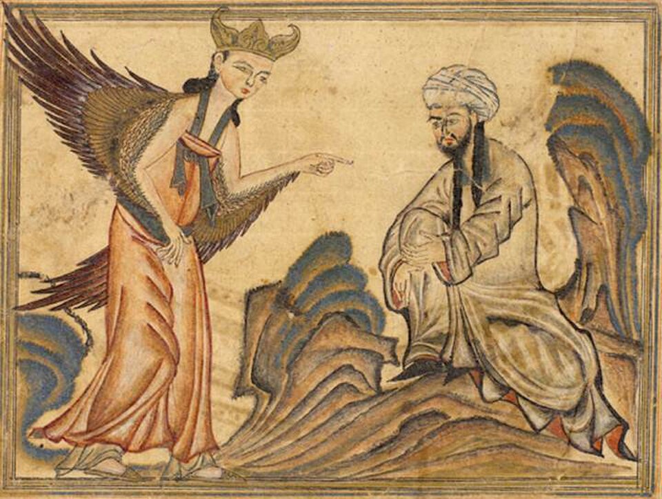 Mohammed recevant sa première révélation de l'ange Gabriel. Illustration sur vélin extraite du Jami' al-tawarikh par Rashid al-Din Hamadani, Tabriz, Perse, 1307.