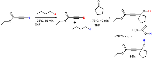 Réaction du propiolate d'éthyle avec le n-butyllithium pour former l'acétylure de lithium.