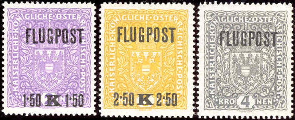 Autriche, 1918 : Timbres de l’Empire austro-hongrois surchargés « FLUGPOST » pour le courrier aérien. Également surchargés.