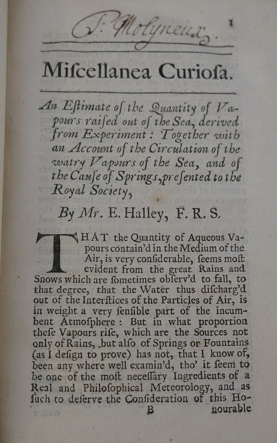 Première page du volume I de Miscellanea curiosa publié par la Royal Society (1705), dans lequel Halley écrit : « Une estimation de la quantité de vapeurs soulevées de la mer, dérivée de l'expérience »
