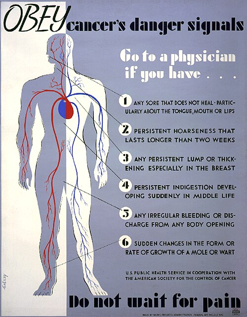 Affiche de sensibilisation à la santé sur le cancer, WPA, vers 1936-1938