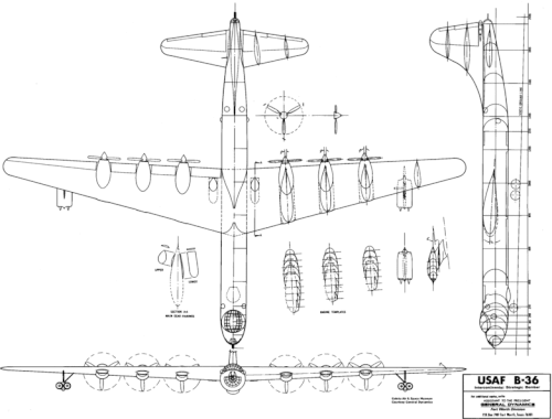 Dessin au trait en 3 vues du Convair B-36