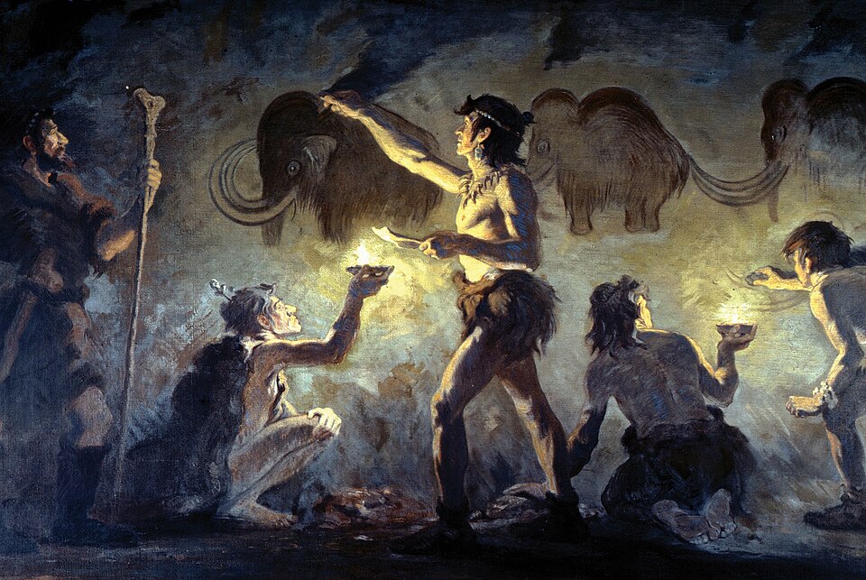 Reconstitution par Charles R. Knight, en 1920, des peintres magdaléniens à Font-de-Gaume, France