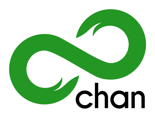 Symbole de l'infini vert, avec « chan » en dessous en texte noir minuscule sans empattement