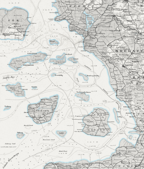 La région des Halligen en Frise du Nord vers 1850, montrant des changements
