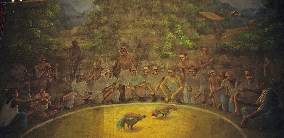 Peinture représentant une scène traditionnelle de combats de coqs dans un village du sud de la Thaïlande