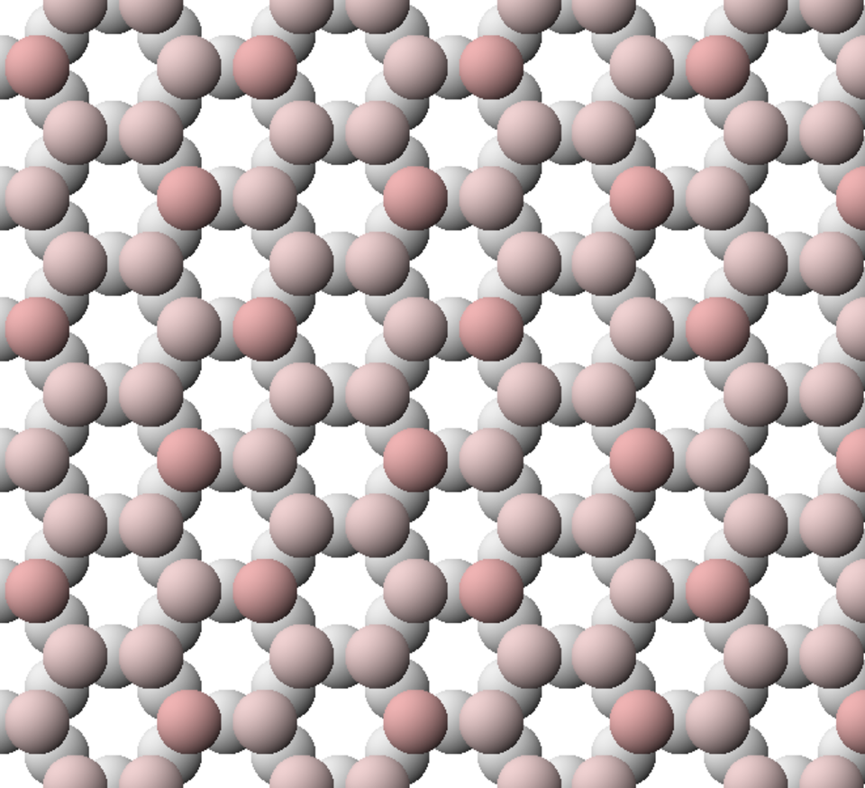 Vue de la structure tétraédrique en feuillets du talc. Les ions oxygène apicaux sont colorés en rose.
