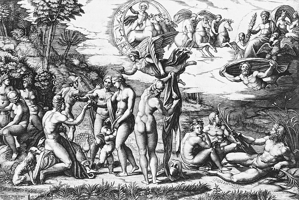 Le Jugement de Pâris, qui influença encore Manet, lequel utilisa le groupe assis dans son œuvre la plus célèbre